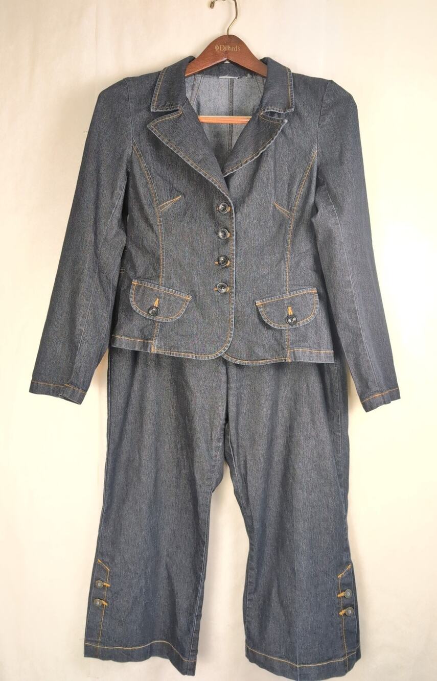Bisou Bisou dark blue denim suit set Size 16 Cropped Pant Retro Y2K Tailored